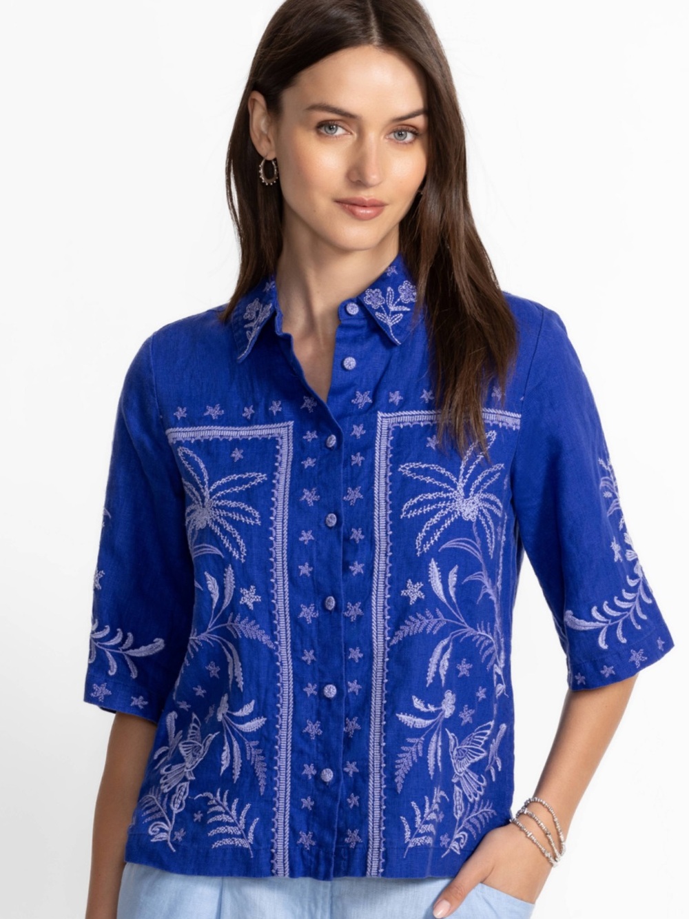 Johnny Was Blue linen Komono Sleeve Embroidered Paisley Collar Shirt XXL - Picture 7 of 9